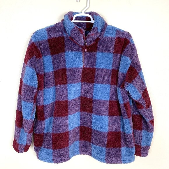 Eddie Bauer Jackets & Blazers - Eddie Bauer Sherpa Fleece Pullover 1/4 Zip Blue Maroon Check Teddy Womens XXL